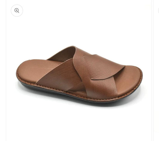 Men’s Premium Brown Leather Cross-Strap Slippers